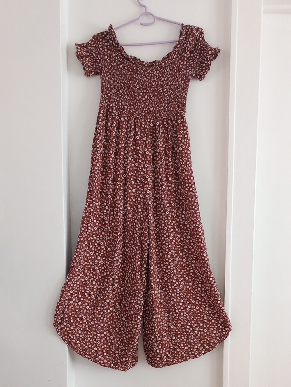 Miami Brown Boho Ditsy Floral Smocked Ruffles Wide-Leg Jumpsuit Size Large - Picture 9 of 10